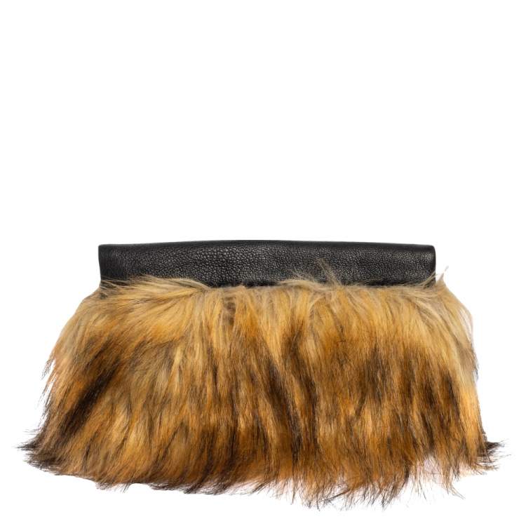 Pre Owned Kate Spade Black/Brown Leather and Faux Fur Clutch
