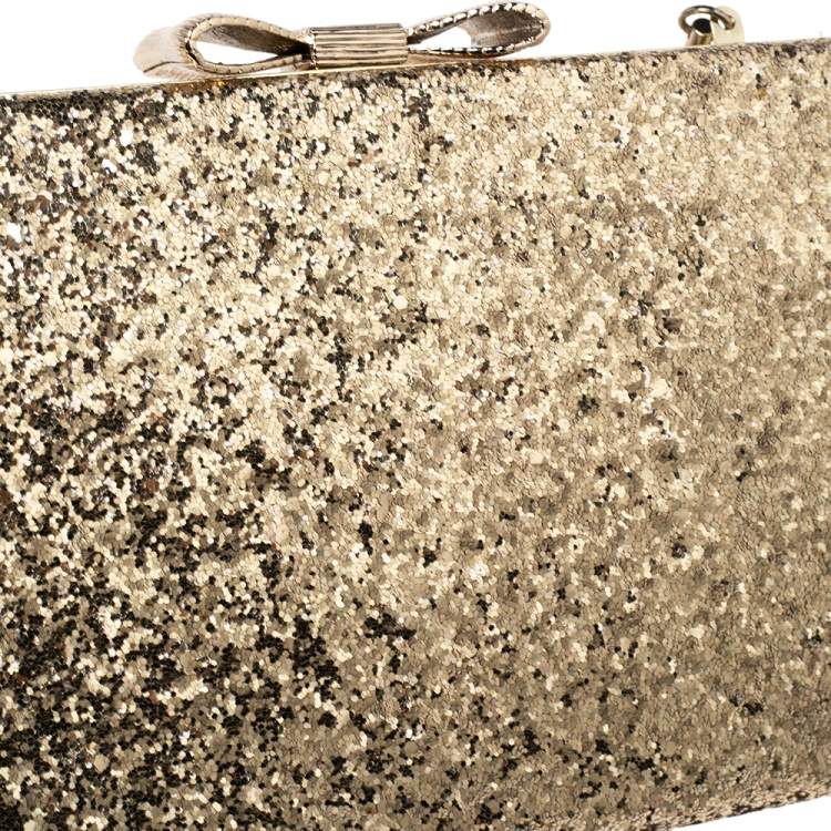 Pre Owned Kate Spade Gold Glitter Bow Frame Chain Clutch