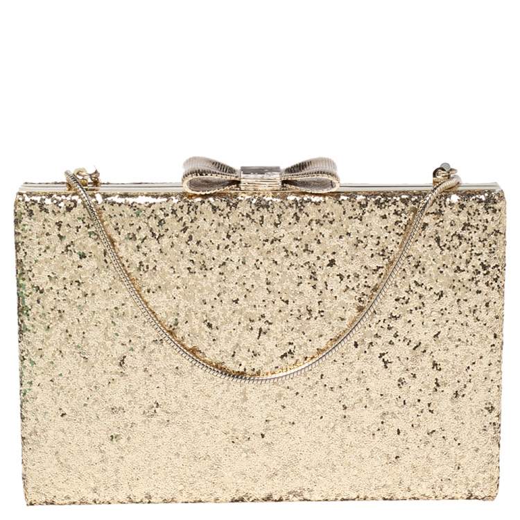 Pre Owned Kate Spade Gold Glitter Bow Frame Chain Clutch