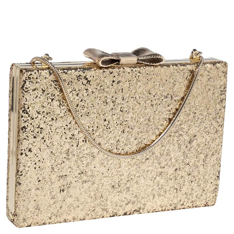 Pre Owned Kate Spade Gold Glitter Bow Frame Chain Clutch