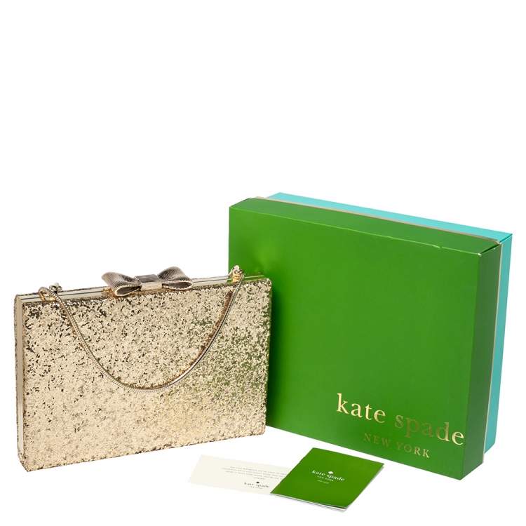 Pre Owned Kate Spade Gold Glitter Bow Frame Chain Clutch
