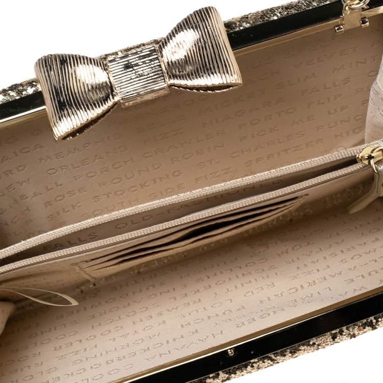 Pre Owned Kate Spade Gold Glitter Bow Frame Chain Clutch