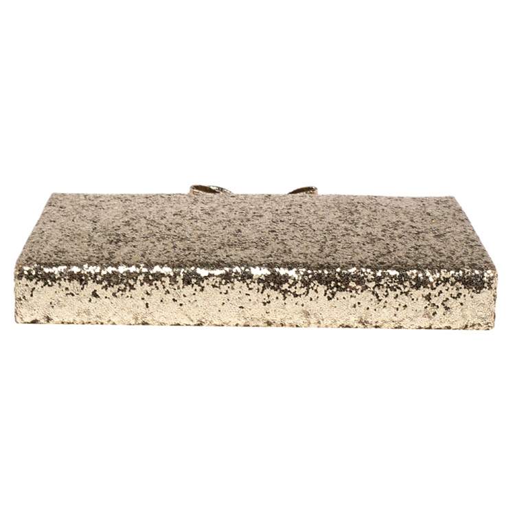 Pre Owned Kate Spade Gold Glitter Bow Frame Chain Clutch