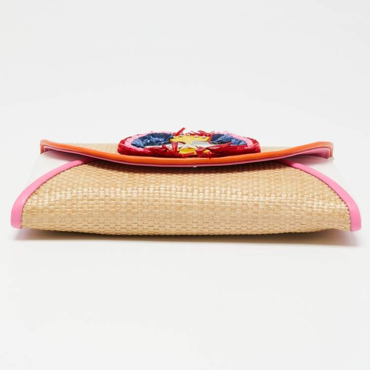 Pre Owned Kate Spade Multicolor oven Raffia and Leather Spademals Preeny Peacock Chain Clutch