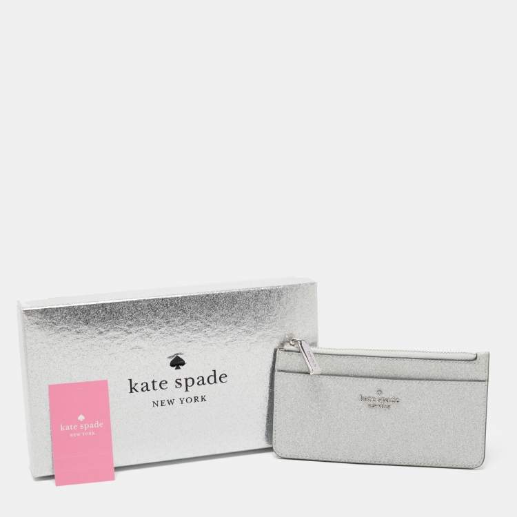 Pre Owned Kate Spade Metallic Silver Glitter Fabric Card Case