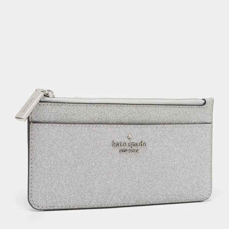 Pre Owned Kate Spade Metallic Silver Glitter Fabric Card Case