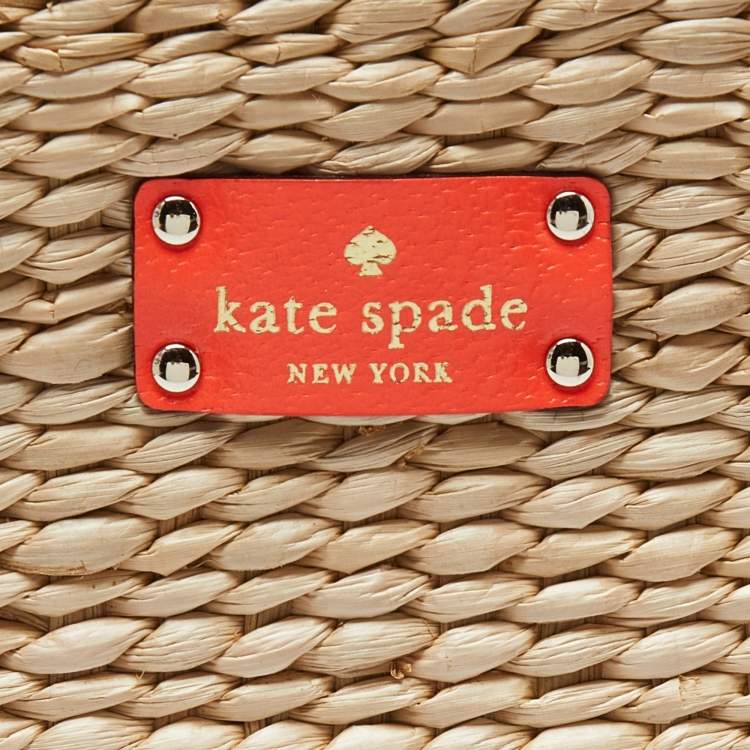 Pre Owned Kate Spade Beige/Neon Orange Wicker and Leather Bucket Bag