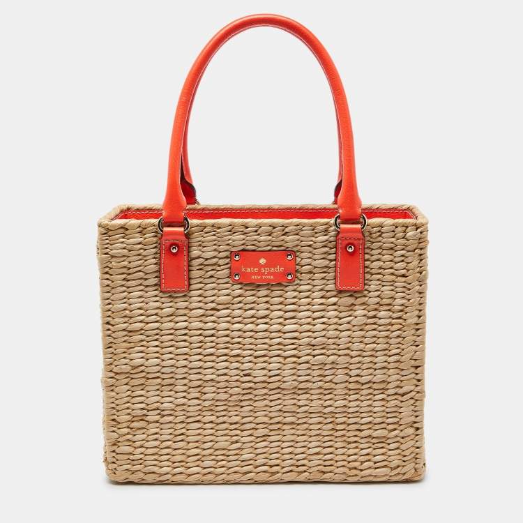 Pre Owned Kate Spade Beige/Neon Orange Wicker and Leather Bucket Bag