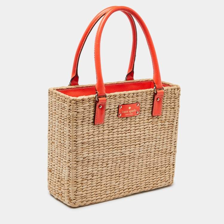Pre Owned Kate Spade Beige/Neon Orange Wicker and Leather Bucket Bag