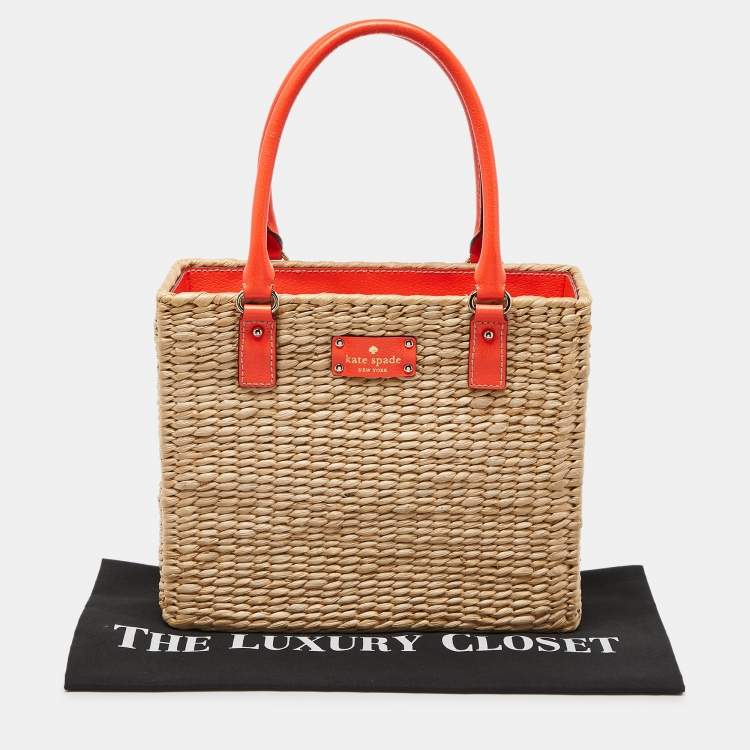 Pre Owned Kate Spade Beige/Neon Orange Wicker and Leather Bucket Bag