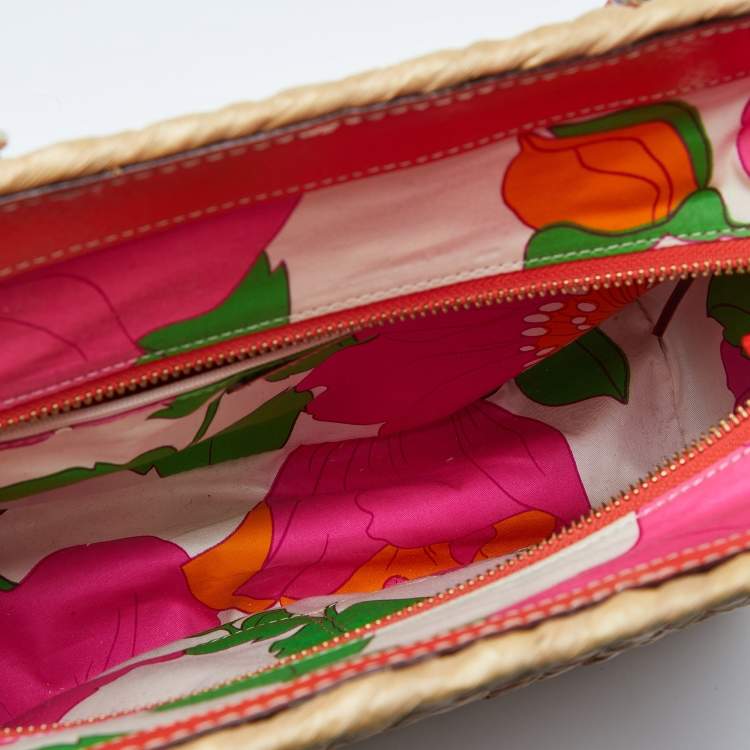 Pre Owned Kate Spade Beige/Neon Orange Wicker and Leather Bucket Bag