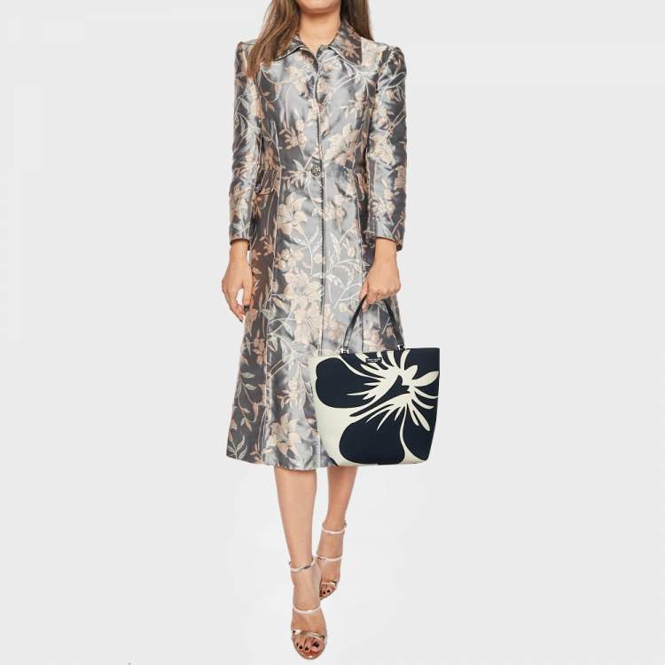 Pre Owned Kate Spade Black/White Hibiscus Printed Canvas Tote