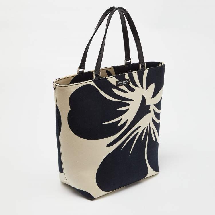 Pre Owned Kate Spade Black/White Hibiscus Printed Canvas Tote