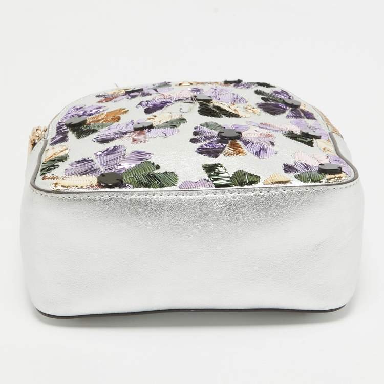 Pre Owned Kate Spade Silver Leather Mini Amelia Floral Convertible Backpack