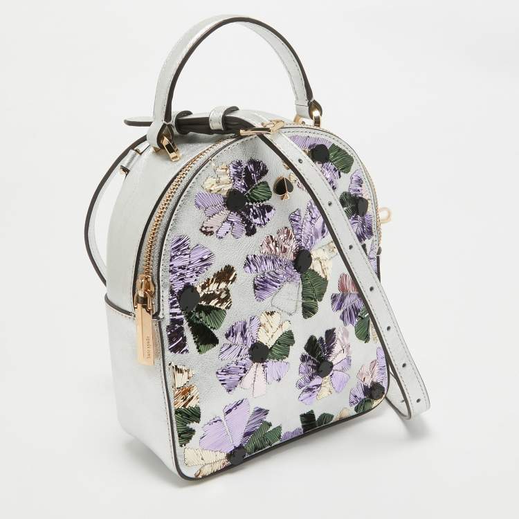 Pre Owned Kate Spade Silver Leather Mini Amelia Floral Convertible Backpack