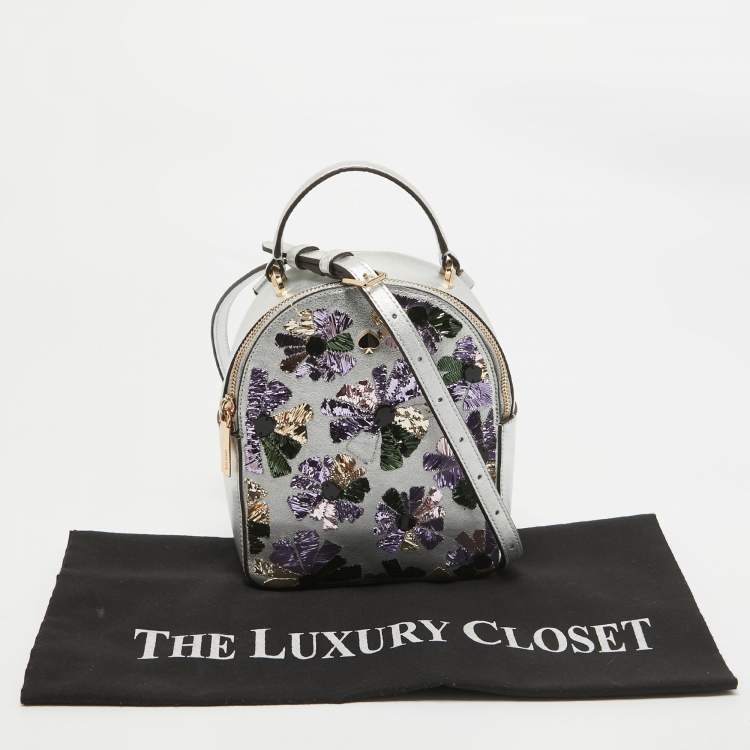 Pre Owned Kate Spade Silver Leather Mini Amelia Floral Convertible Backpack
