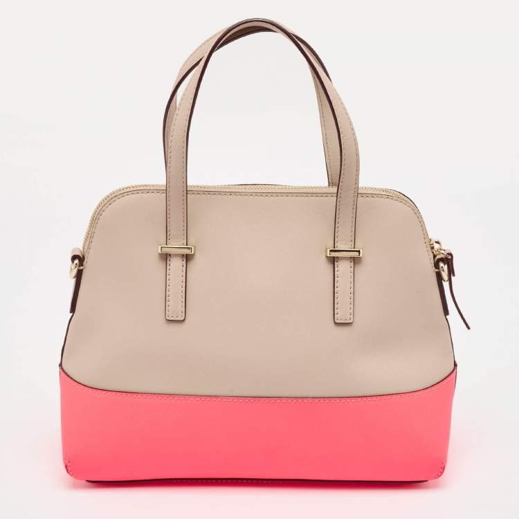 Pre Owned Kate Spade Beige/Neon Pink Leather Cedar Street Maise Satchel