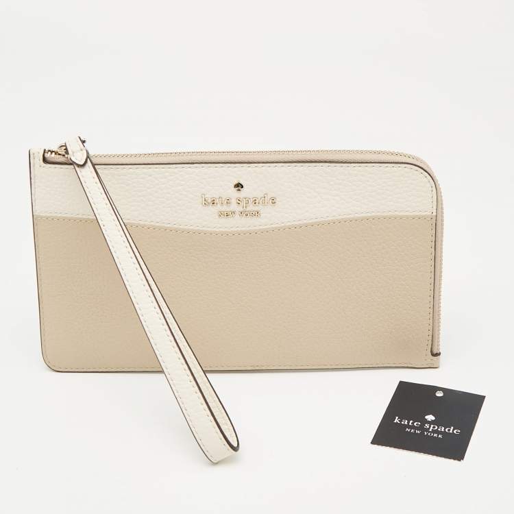 Pre Owned Kate Spade Beige/Cream Leather L Zip Wristlet Wallet