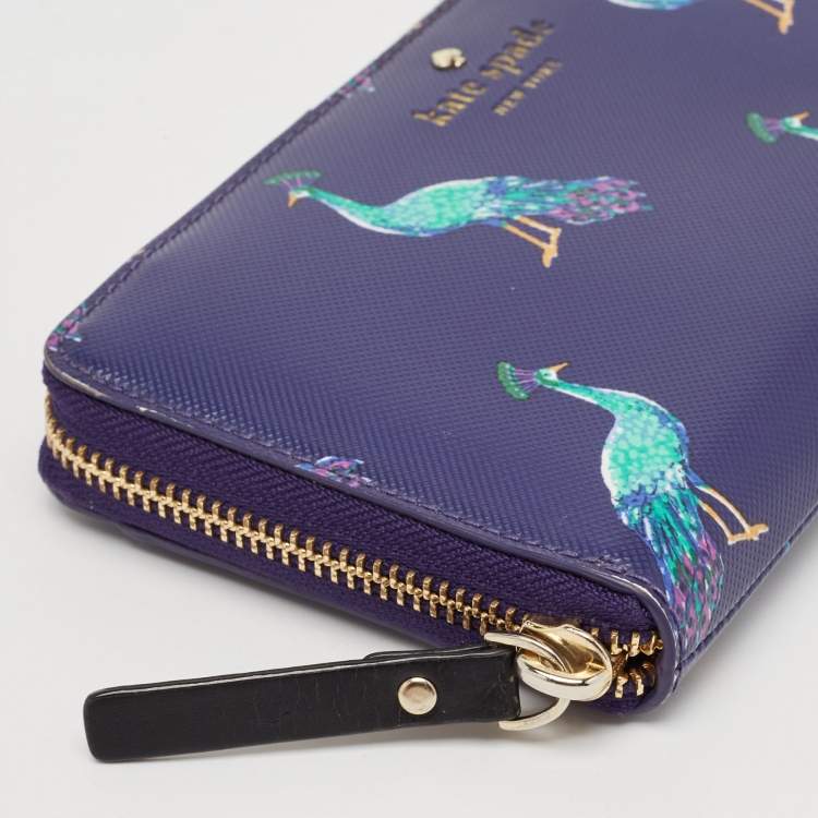 Pre Owned Kate Spade Purple Leather Peacock Print Zip Continental Wallet