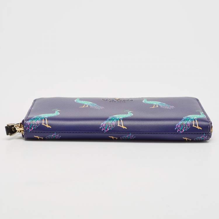 Pre Owned Kate Spade Purple Leather Peacock Print Zip Continental Wallet