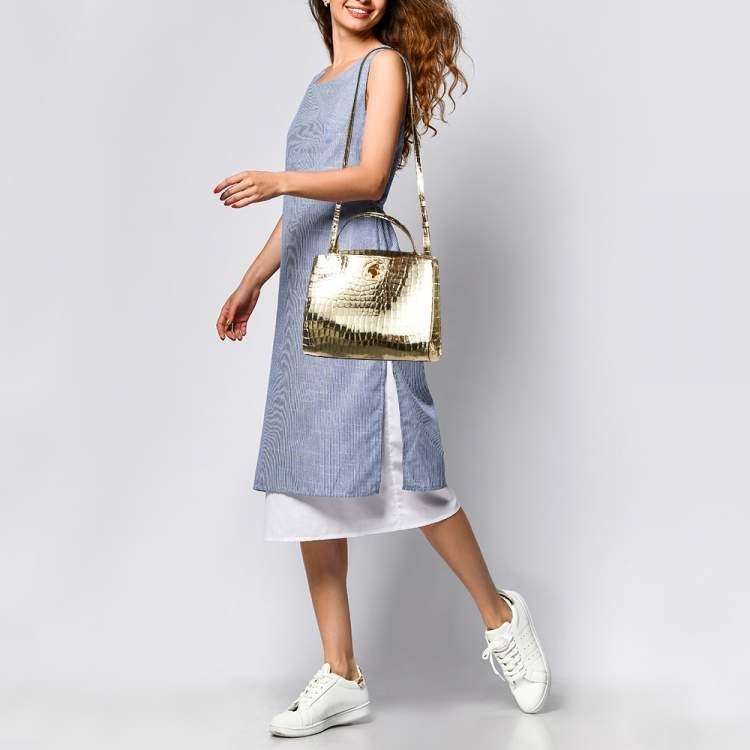 Pre Owned Kate Spade Gold Croc Embossed Patent Leather Small Romy Top Handle Bag