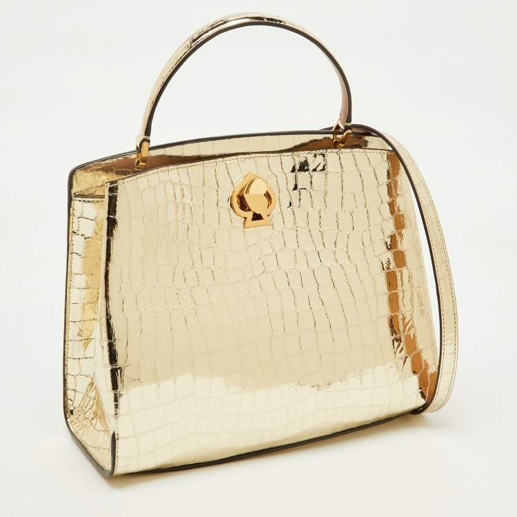 Pre Owned Kate Spade Gold Croc Embossed Patent Leather Small Romy Top Handle Bag