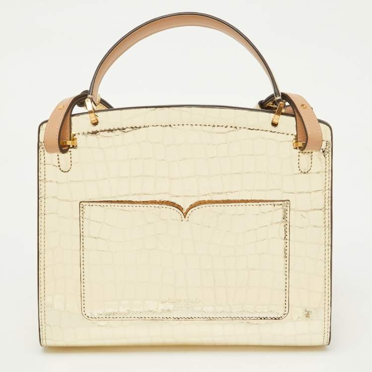Pre Owned Kate Spade Gold Croc Embossed Patent Leather Small Romy Top Handle Bag