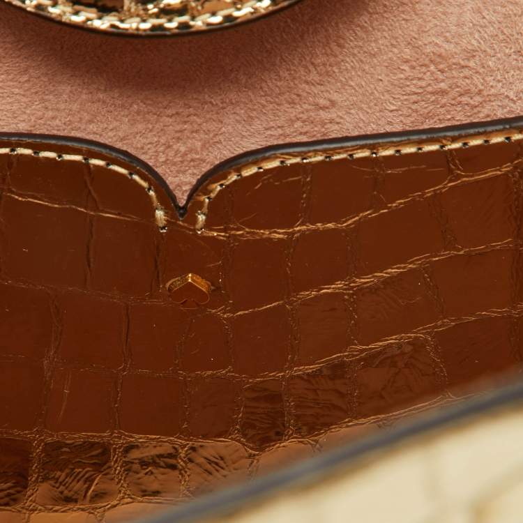 Pre Owned Kate Spade Gold Croc Embossed Patent Leather Small Romy Top Handle Bag