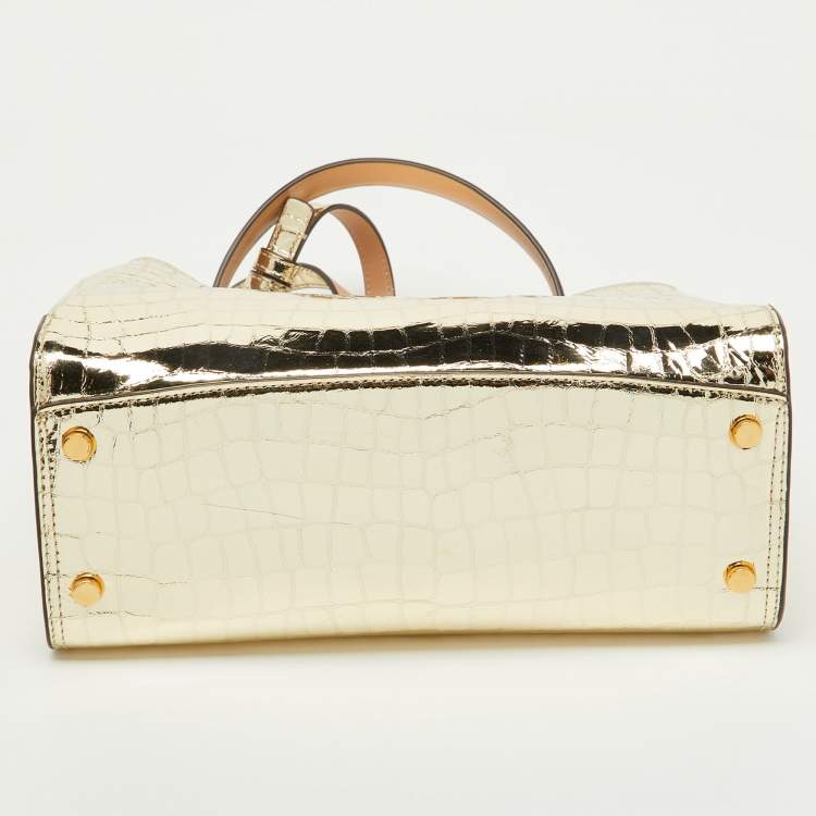 Pre Owned Kate Spade Gold Croc Embossed Patent Leather Small Romy Top Handle Bag