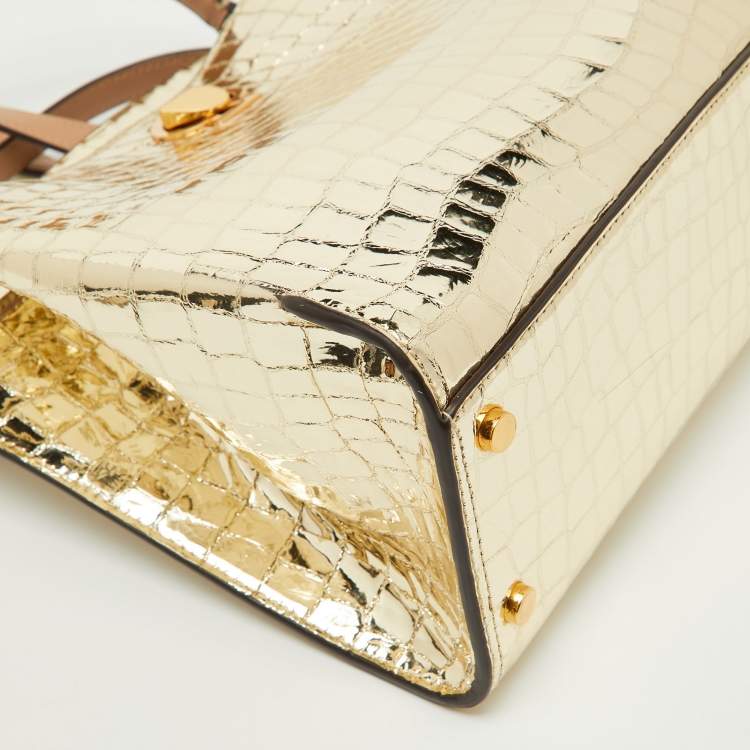 Pre Owned Kate Spade Gold Croc Embossed Patent Leather Small Romy Top Handle Bag