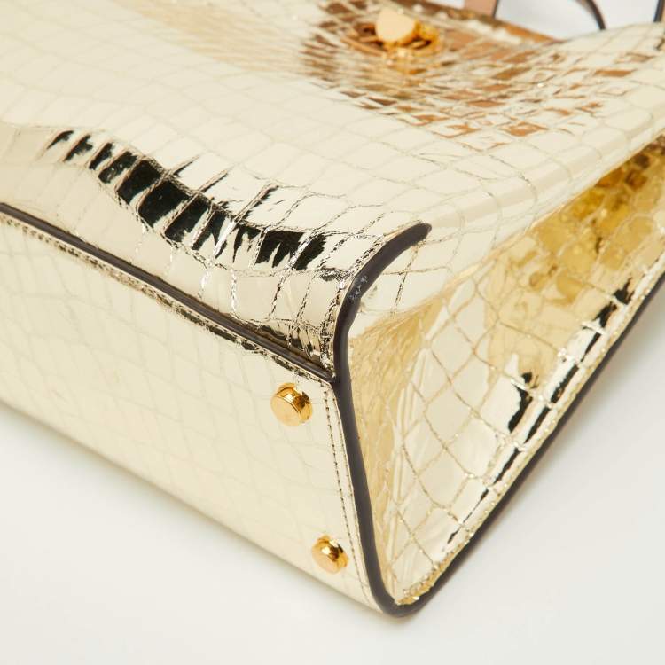 Pre Owned Kate Spade Gold Croc Embossed Patent Leather Small Romy Top Handle Bag