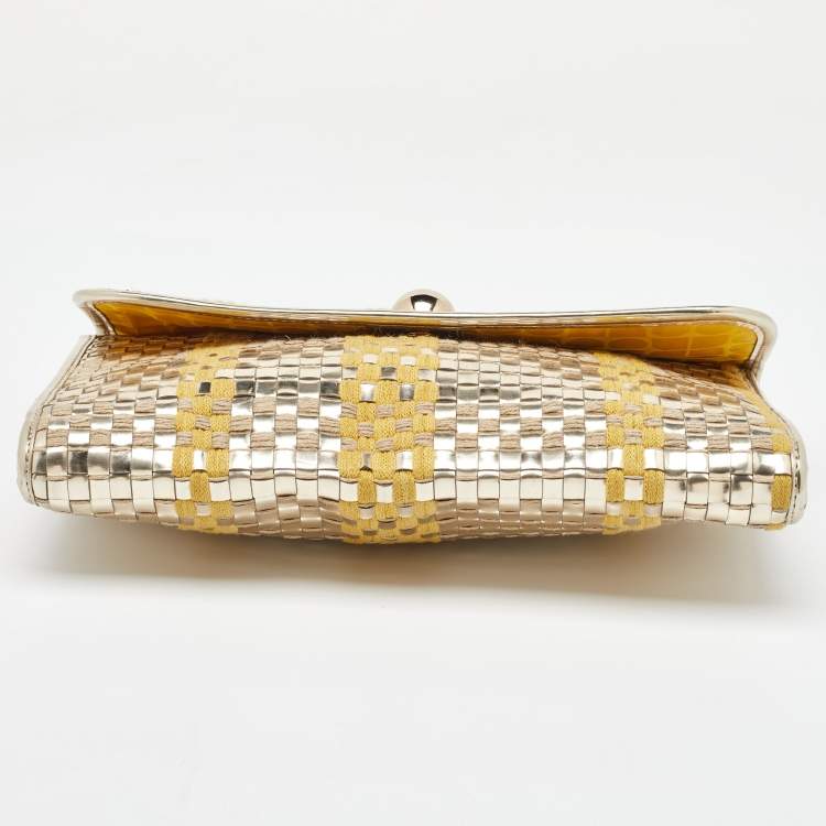Pre Owned Kate Spade Tri Color Woven Laminated Leather and Fabric Paola Clutch