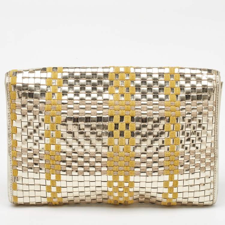 Pre Owned Kate Spade Tri Color Woven Laminated Leather and Fabric Paola Clutch