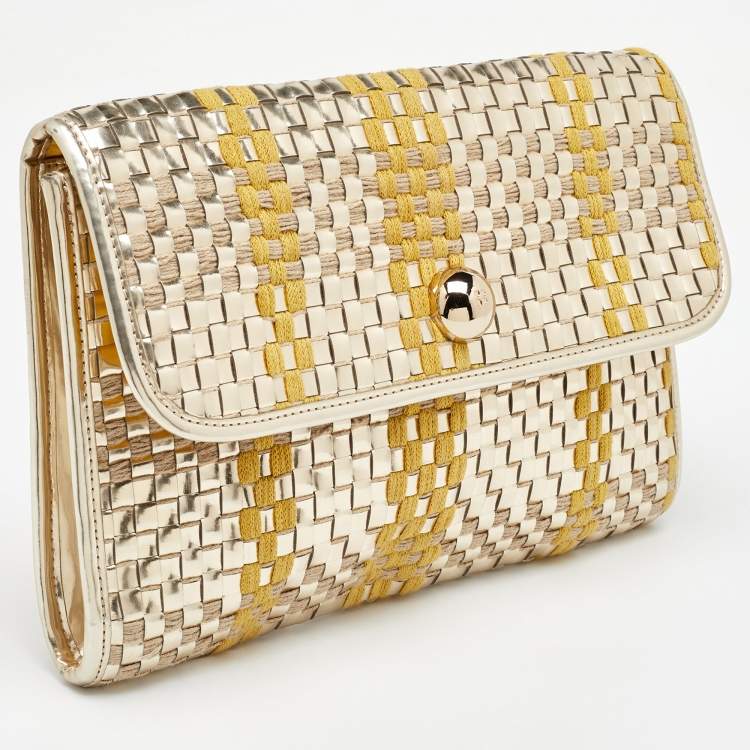 Pre Owned Kate Spade Tri Color Woven Laminated Leather and Fabric Paola Clutch