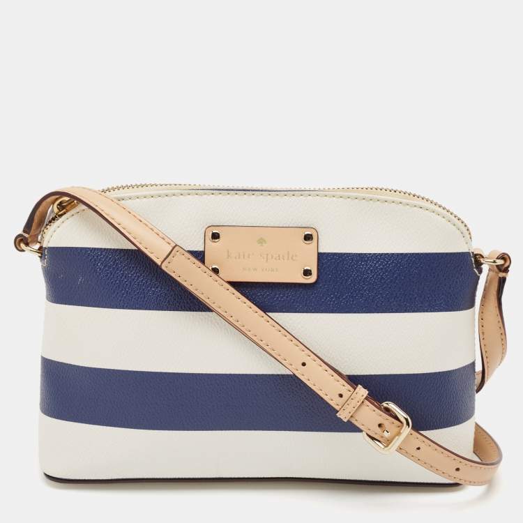 Pre Owned Kate Spade White/Blue Leather Wellesley Hanna Stripe Crossbody Bag