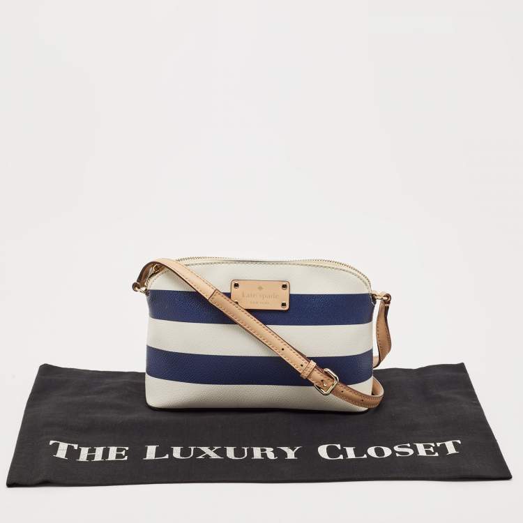 Pre Owned Kate Spade White/Blue Leather Wellesley Hanna Stripe Crossbody Bag