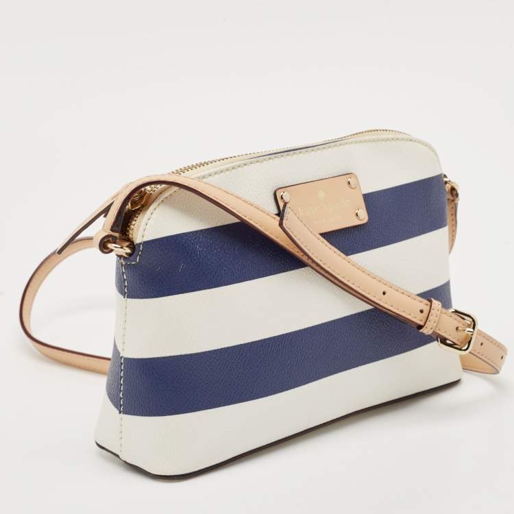 Pre Owned Kate Spade White/Blue Leather Wellesley Hanna Stripe Crossbody Bag