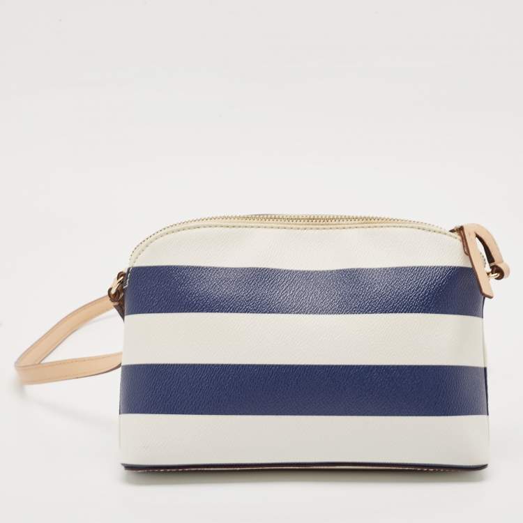 Pre Owned Kate Spade White/Blue Leather Wellesley Hanna Stripe Crossbody Bag