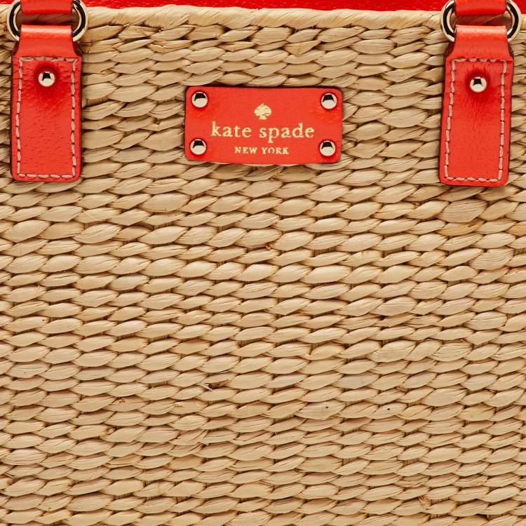 Pre Owned Kate Spade Beige/Neon Orange Wicker and Leather Basket Tote