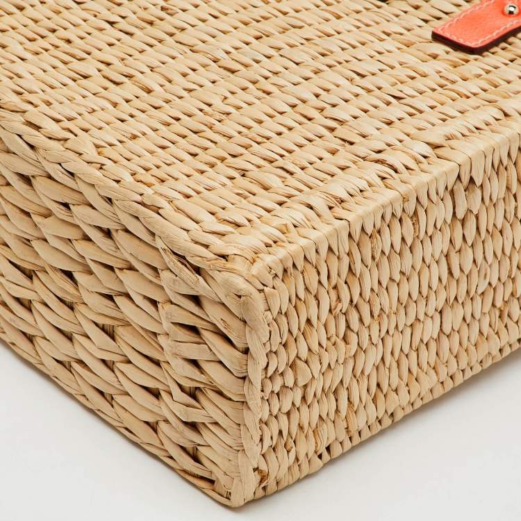 Pre Owned Kate Spade Beige/Neon Orange Wicker and Leather Basket Tote
