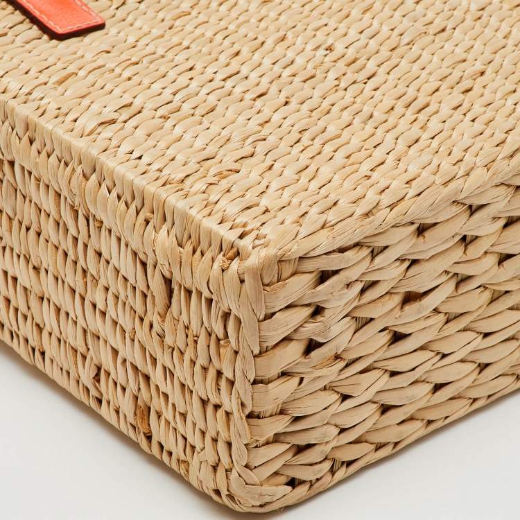 Pre Owned Kate Spade Beige/Neon Orange Wicker and Leather Basket Tote