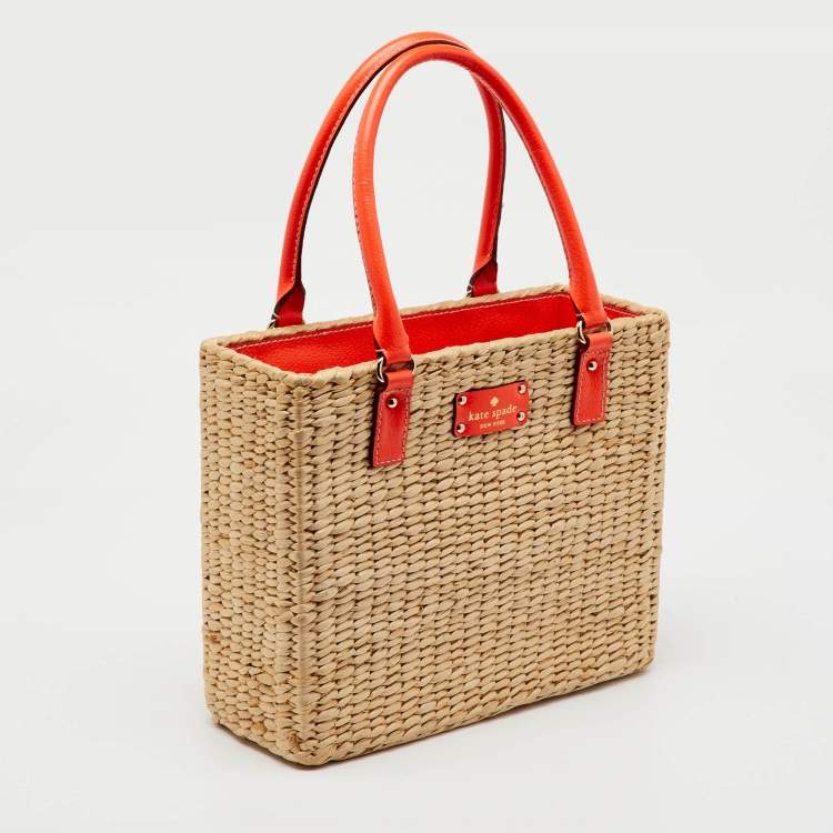 Pre Owned Kate Spade Beige/Neon Orange Wicker and Leather Basket Tote