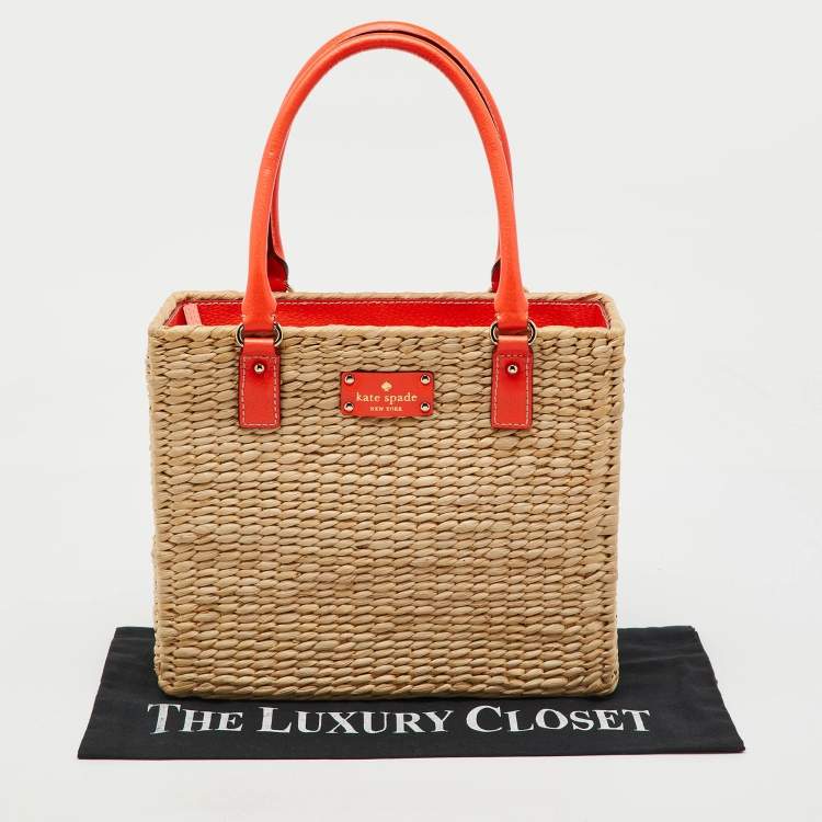 Pre Owned Kate Spade Beige/Neon Orange Wicker and Leather Basket Tote