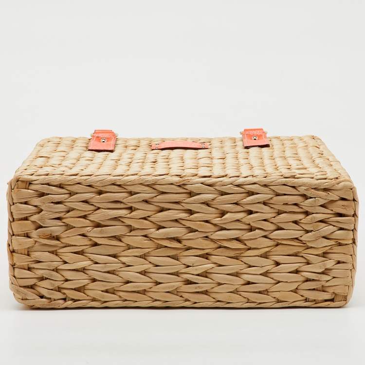 Pre Owned Kate Spade Beige/Neon Orange Wicker and Leather Basket Tote