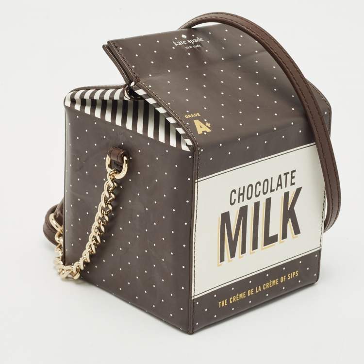 Pre Owned Kate Spade Choco Brown Leather Milk Carton Printed Crossbody Bag