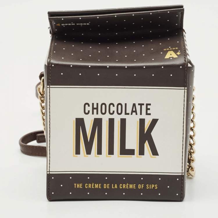 Pre Owned Kate Spade Choco Brown Leather Milk Carton Printed Crossbody Bag