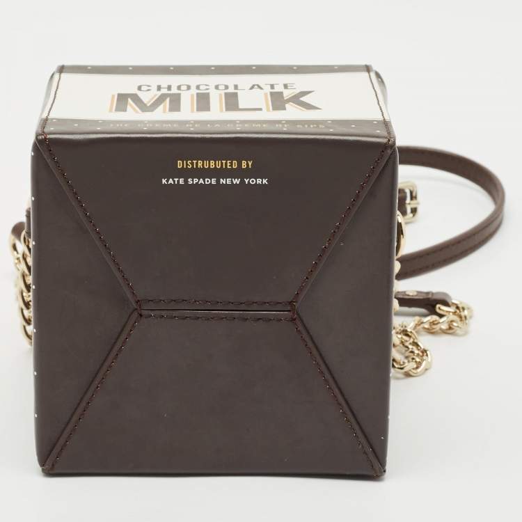 Pre Owned Kate Spade Choco Brown Leather Milk Carton Printed Crossbody Bag