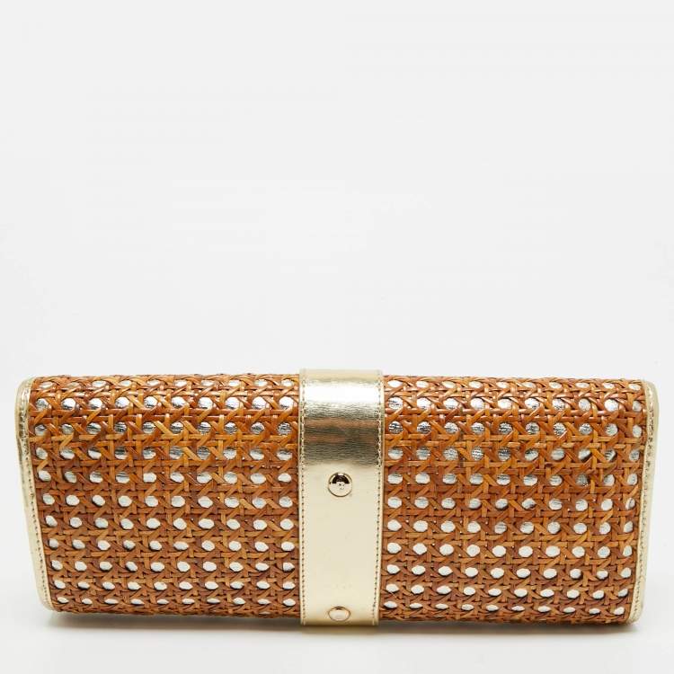 Pre Owned Kate Spade Gold/Brown Rattan and Rattan Turnlock Flap Clutch