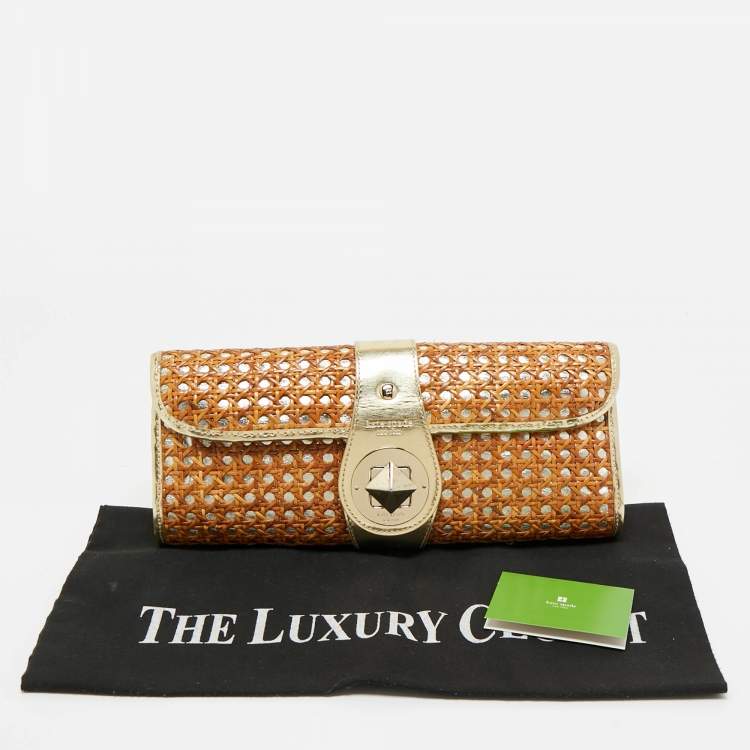 Pre Owned Kate Spade Gold/Brown Rattan and Rattan Turnlock Flap Clutch
