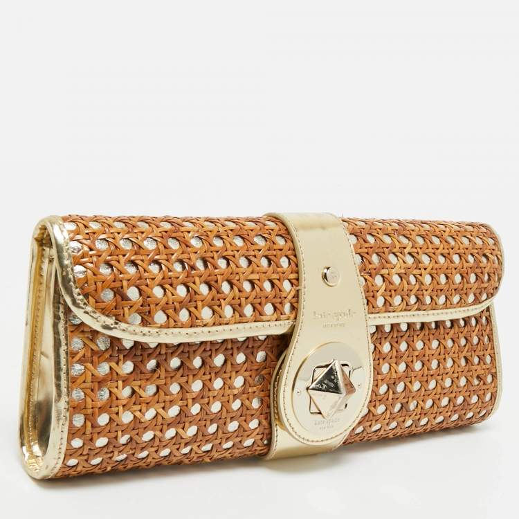 Pre Owned Kate Spade Gold/Brown Rattan and Rattan Turnlock Flap Clutch